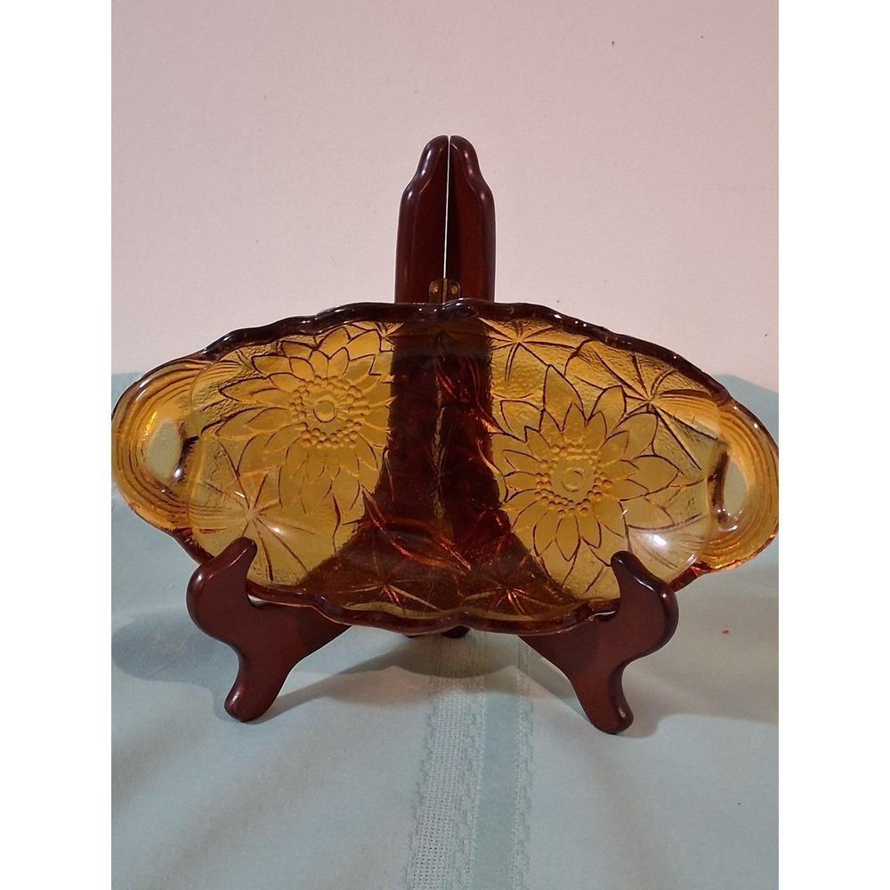 Vintage indiana Glass Sunflower Relish Dish Oval Serving Tray with Handles 10"